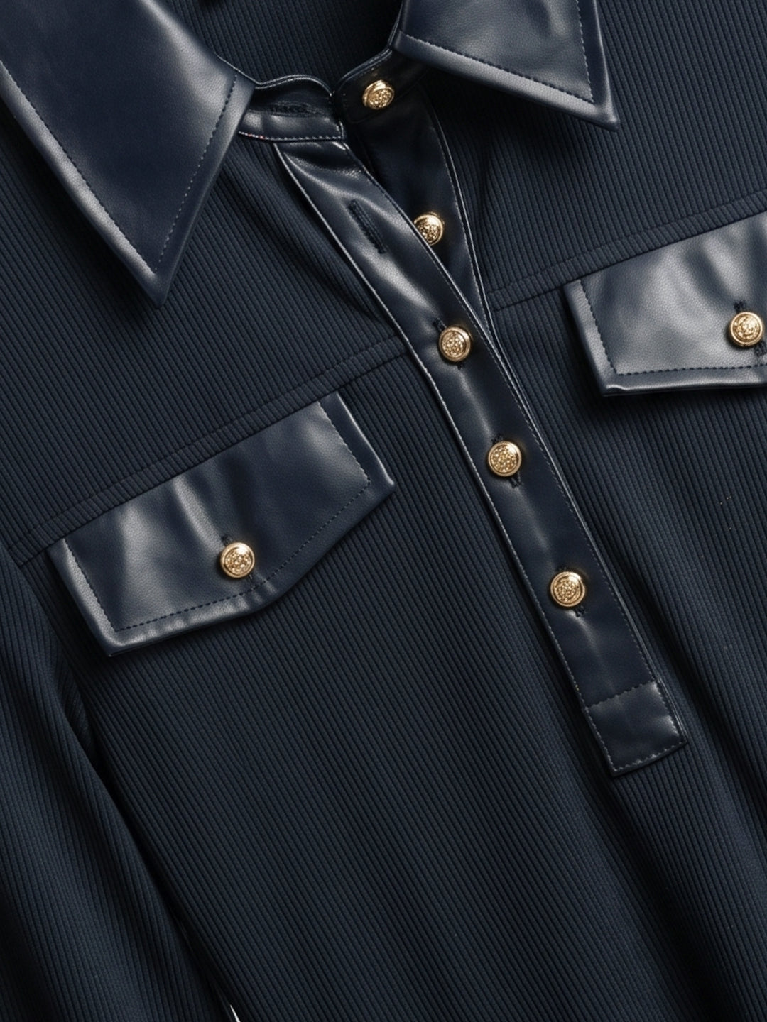 Ribbed Knit Faux Leather Polo Top