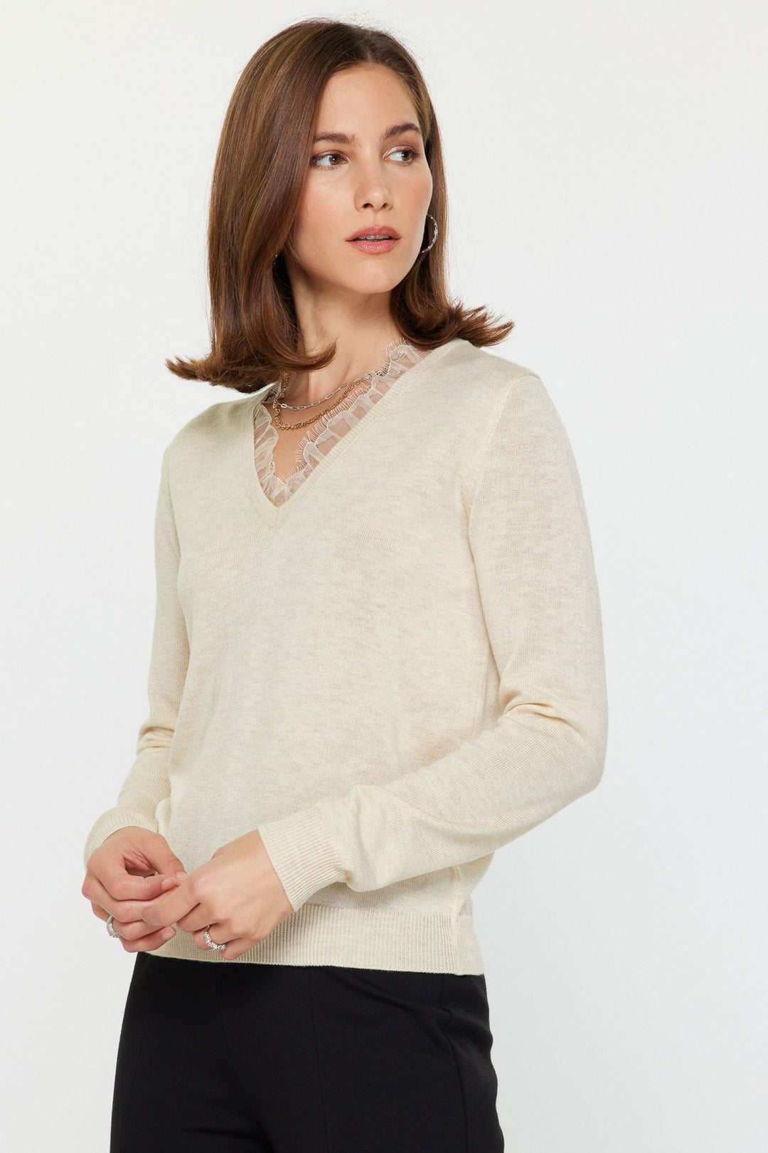V-Neck Sweater w/ Lace Trim