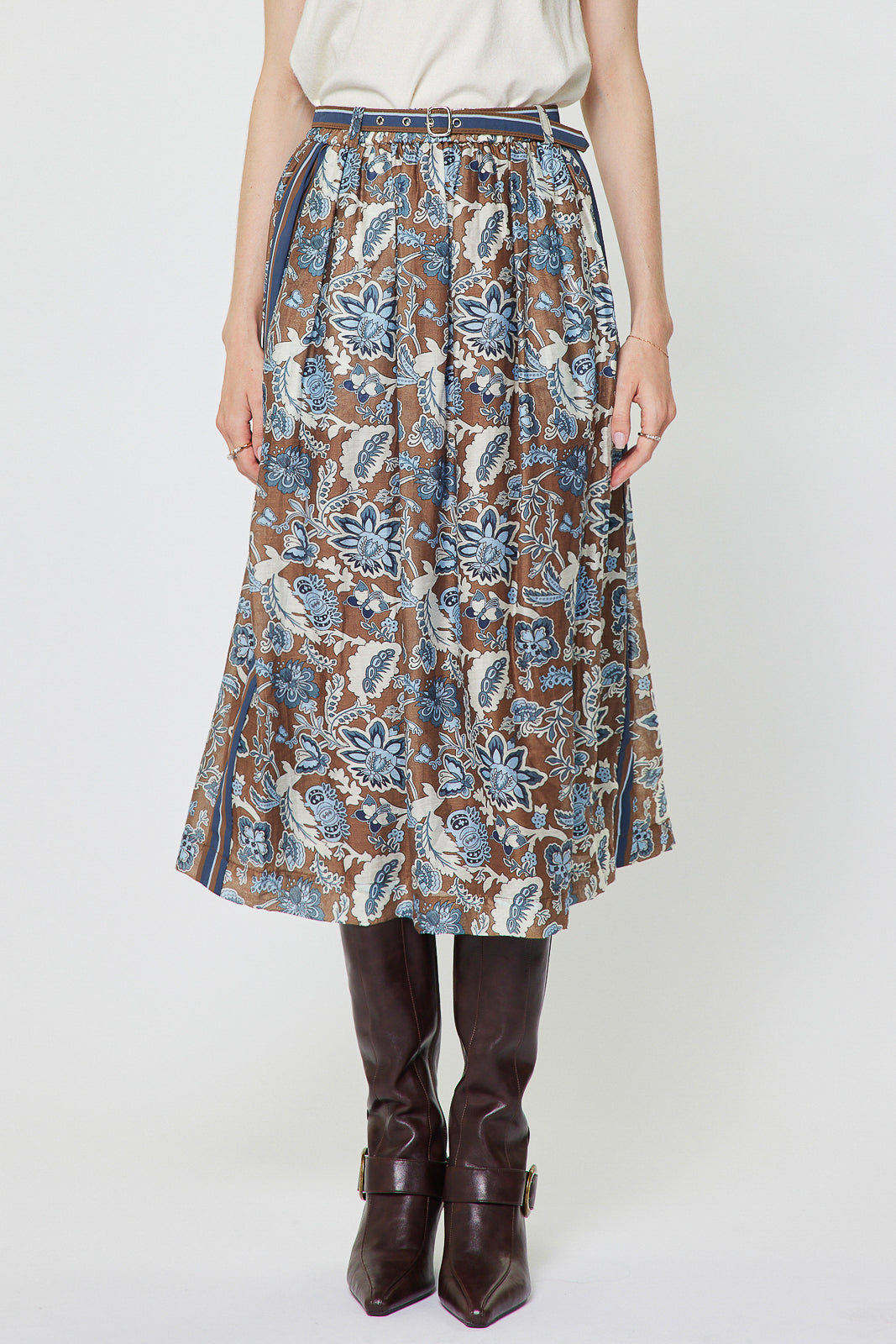 Botanical Printed A-Line Midi Skirt