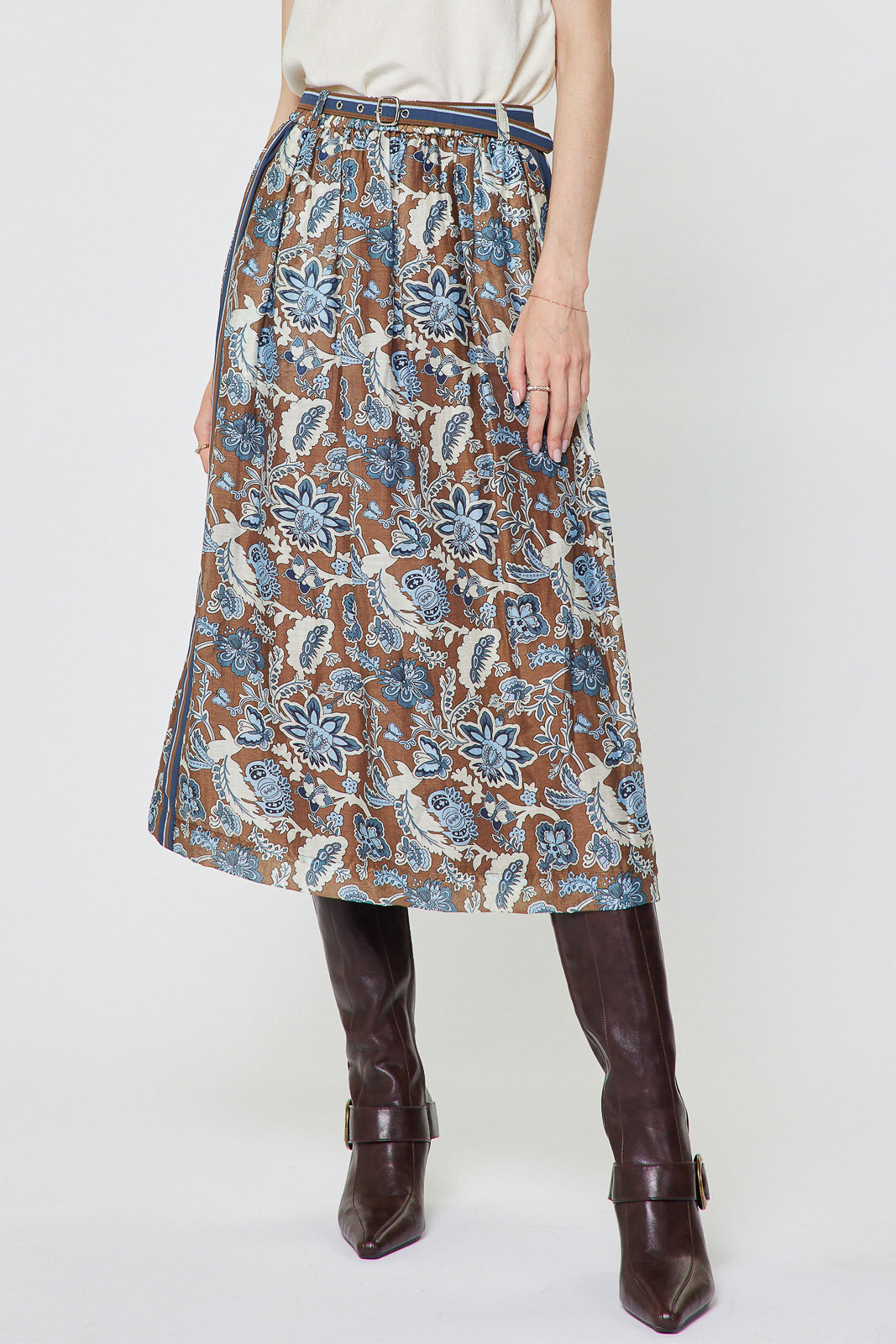 Botanical Printed A-Line Midi Skirt