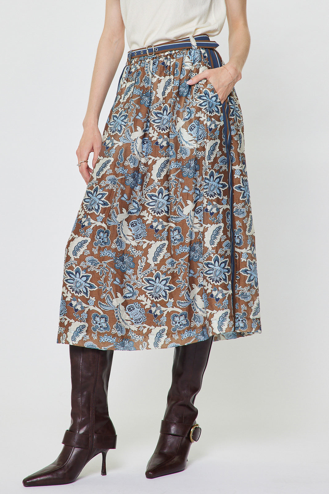 Botanical Printed A-Line Midi Skirt