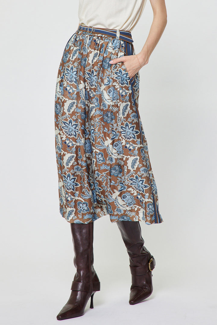 Botanical Printed A-Line Midi Skirt
