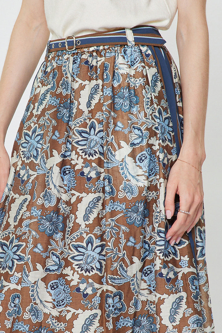 Botanical Printed A-Line Midi Skirt