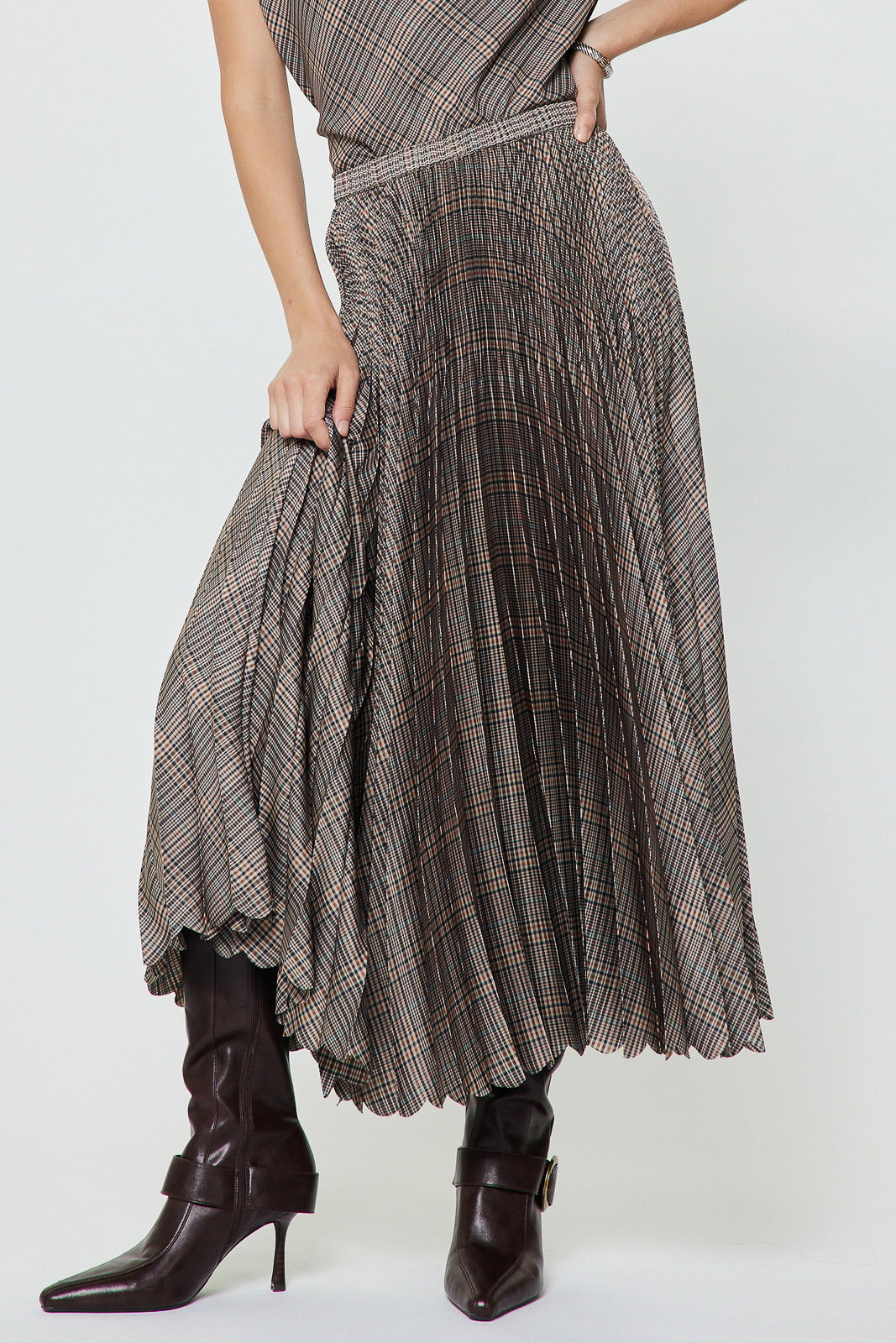 Plaid Pleated Midi Skirt
