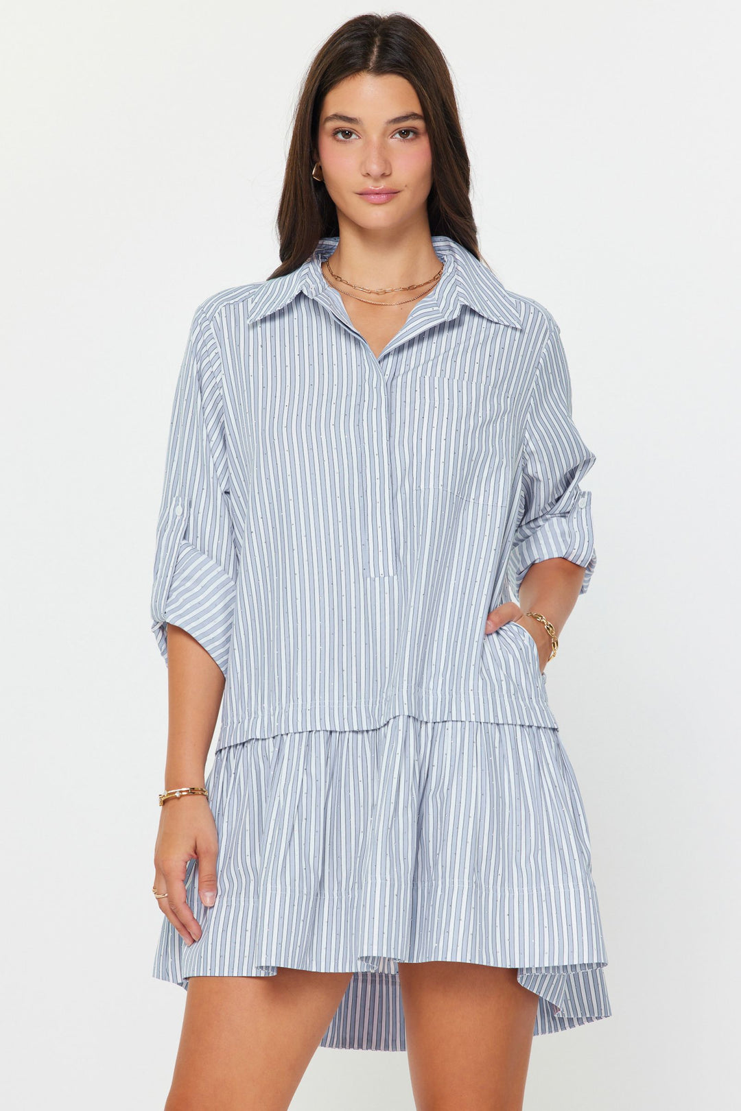 Rhinestone Striped Button-Down Mini Dress