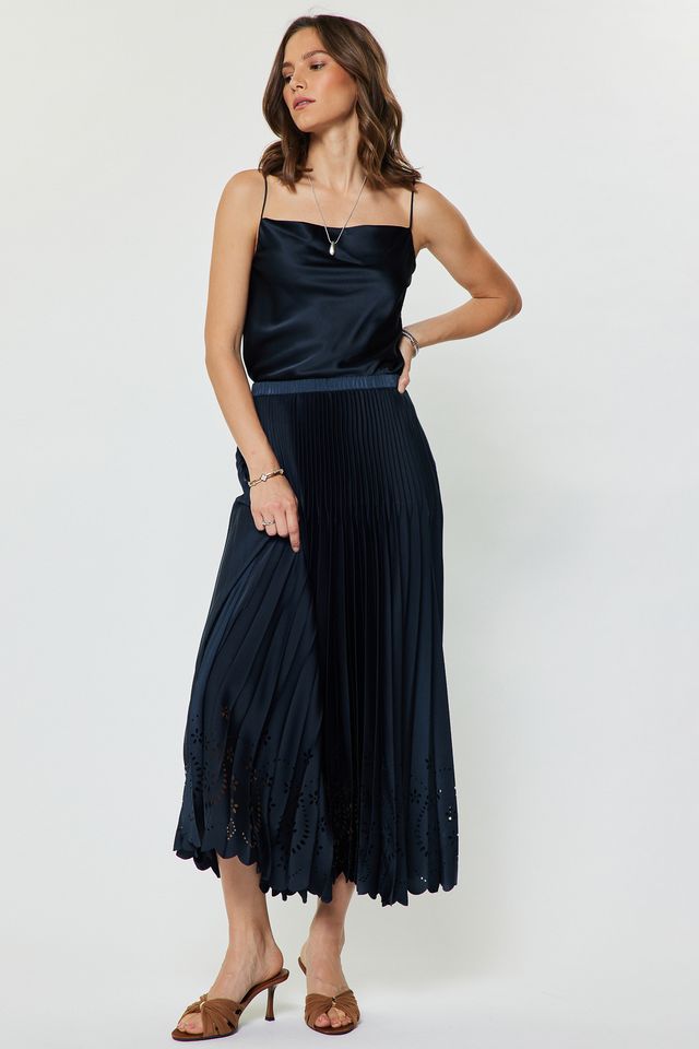 Pleated Laser Cut Maxi Skirt - Navy