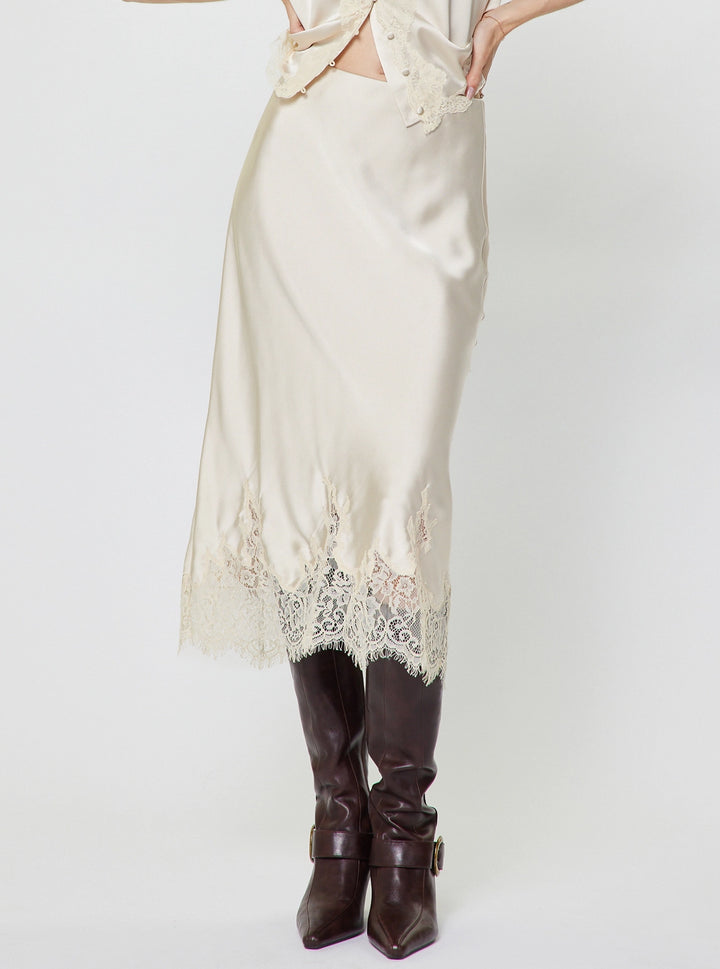 Lace Hem Satin Midi Skirt
