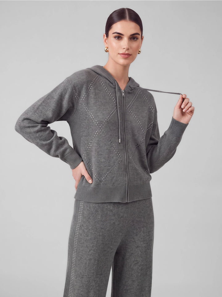 Rhinestone Knit Sweater Hoodie Zip-Up