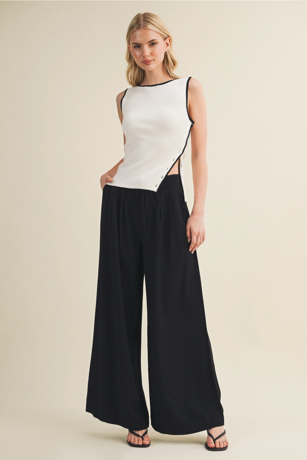 Asymmetric Button-Side Ribbed Knit Top