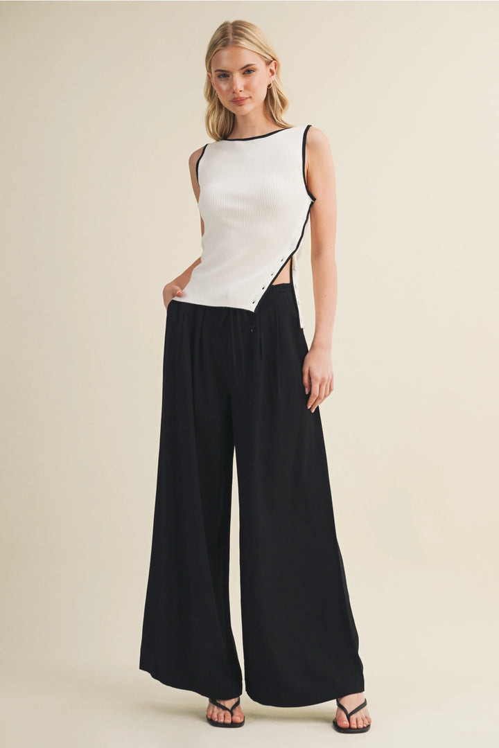 Asymmetric Button-Side Ribbed Knit Top