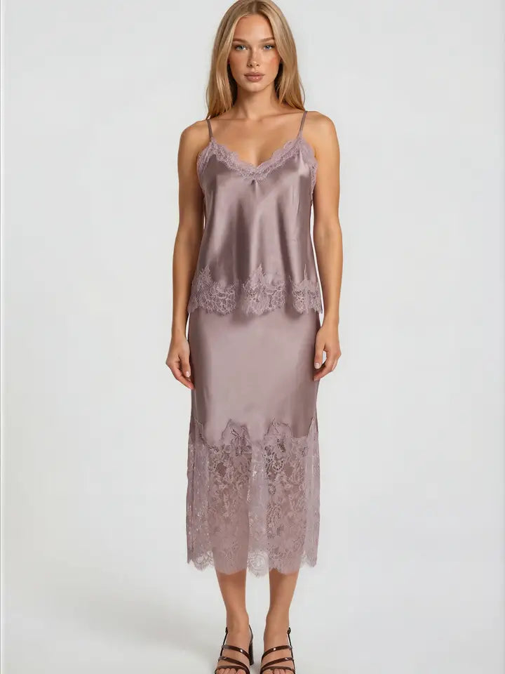Lace Trim Satin Skirt