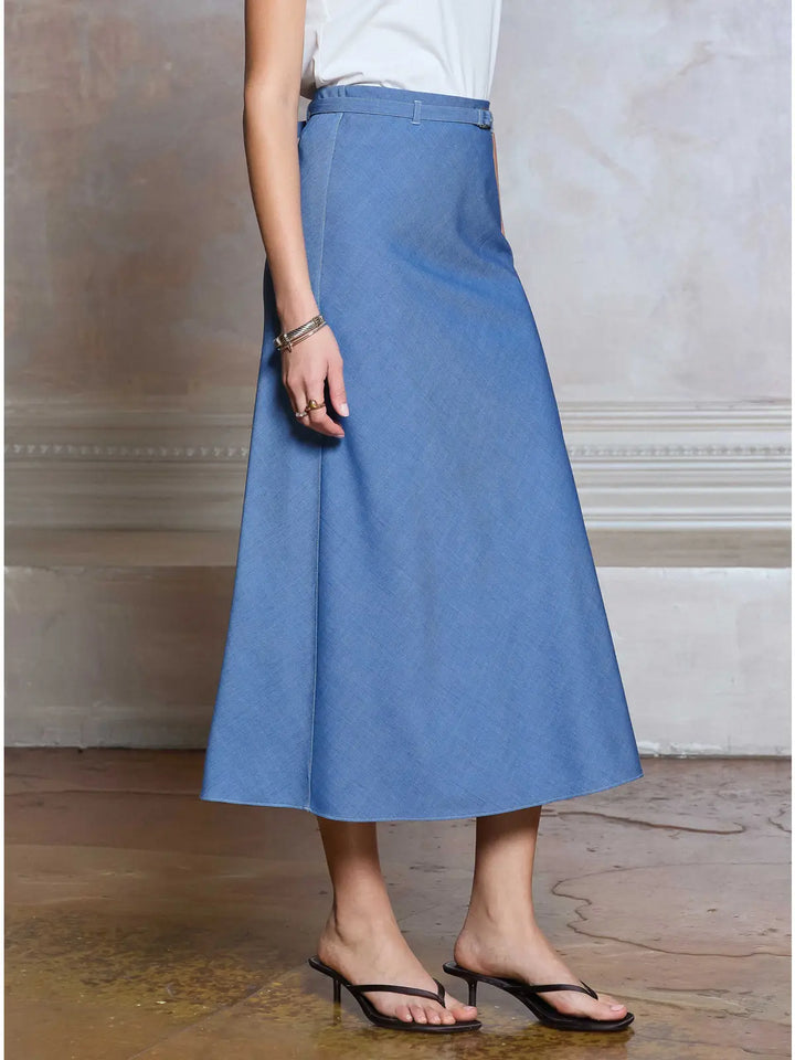 Chambray Belted Midi Skirt