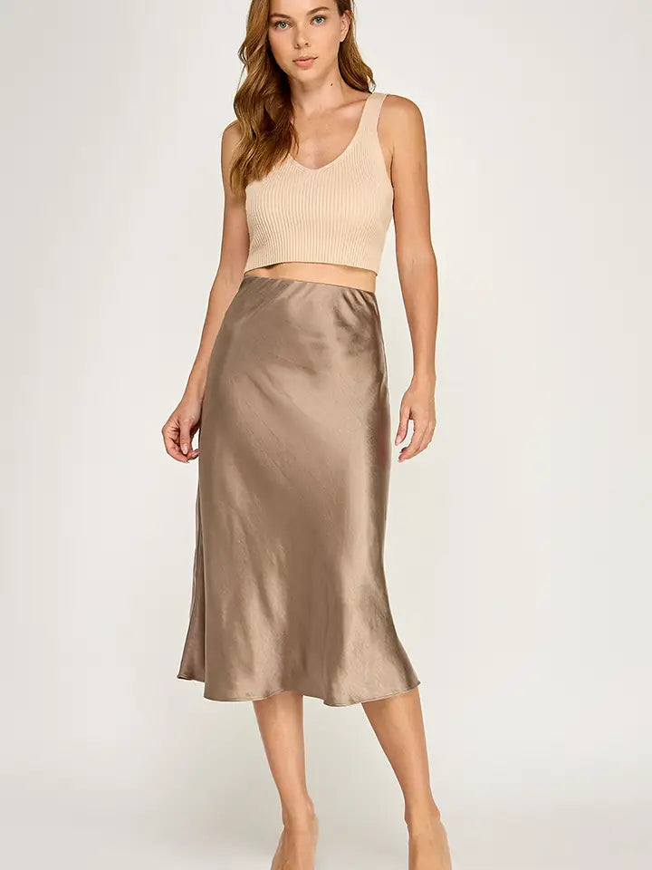 Satin Midi Skirt in Stone
