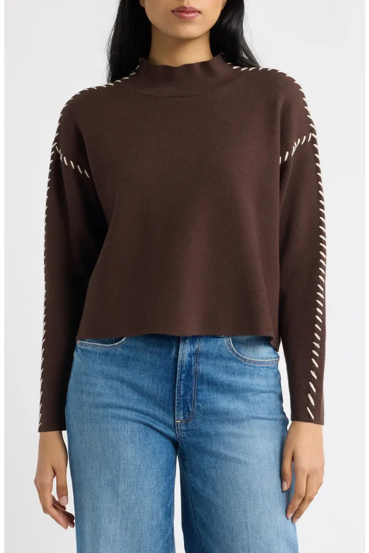 Whipstitched Mock Neck Sweater