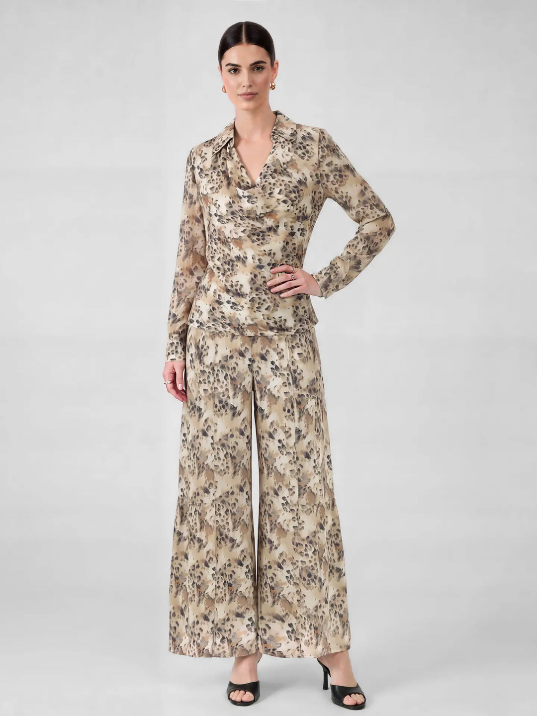 Leopard Cowl Neck Collared Blouse