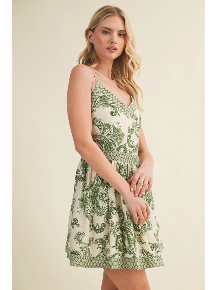 Lattice Trim Paisley Cami Mini Dress