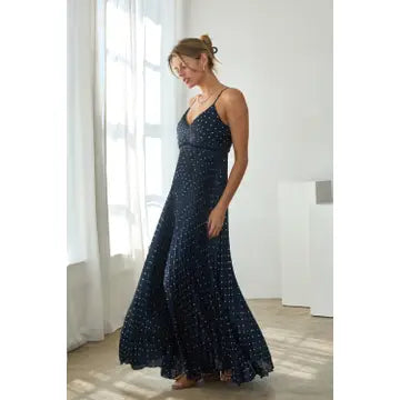 Polka Dot Pleated Midi Dress with Back Cutout