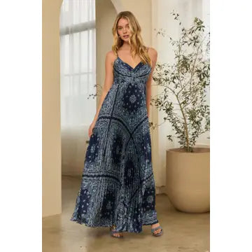 Bandana Pleated Maxi Dress w/ Back Cutout