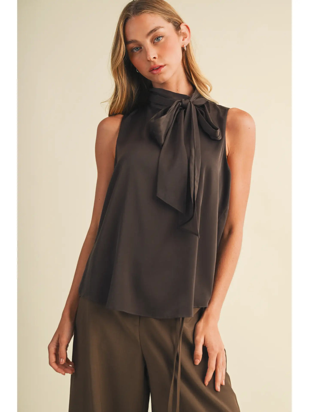 Satin Bow-Tie Mock-Neck Blouse