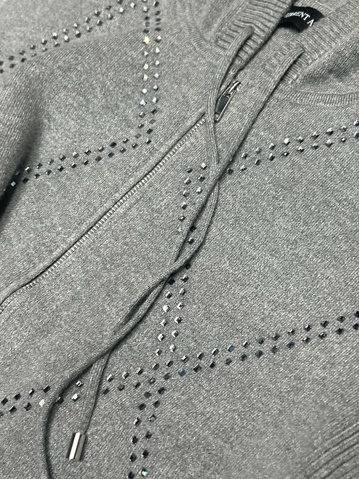Rhinestone Knit Sweater Hoodie Zip-Up