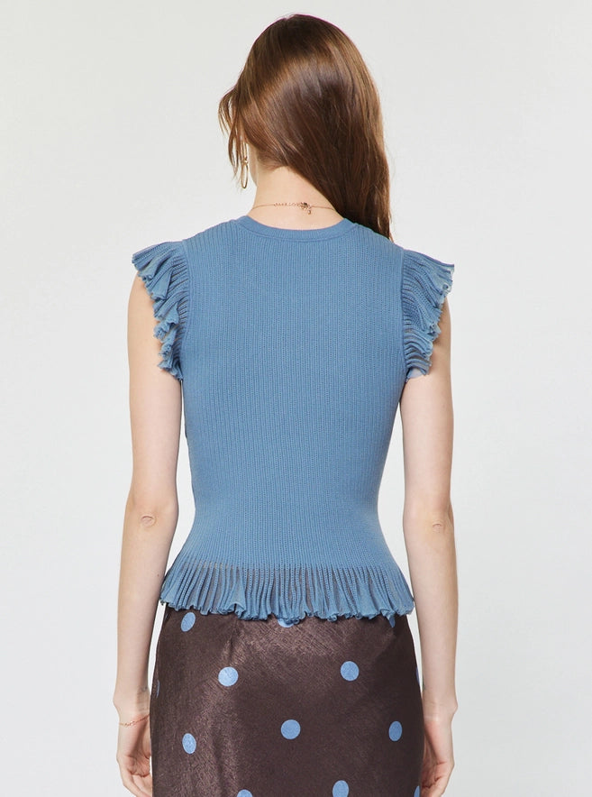 Dusty Blue Pointelle Ruffle Sweater Top