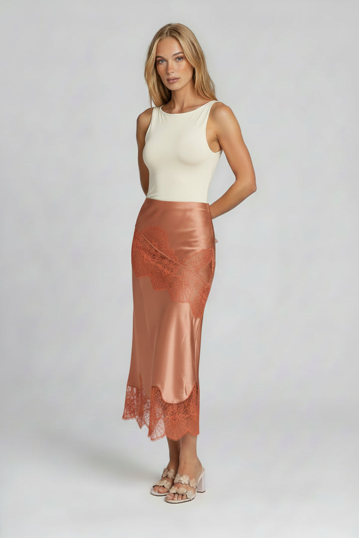 Satin &amp; Lace Midi Skirt