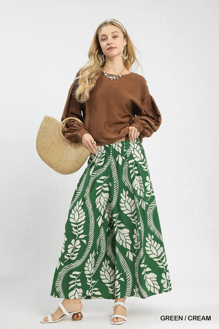 Tropical Leaf Print Wide Leg Pants