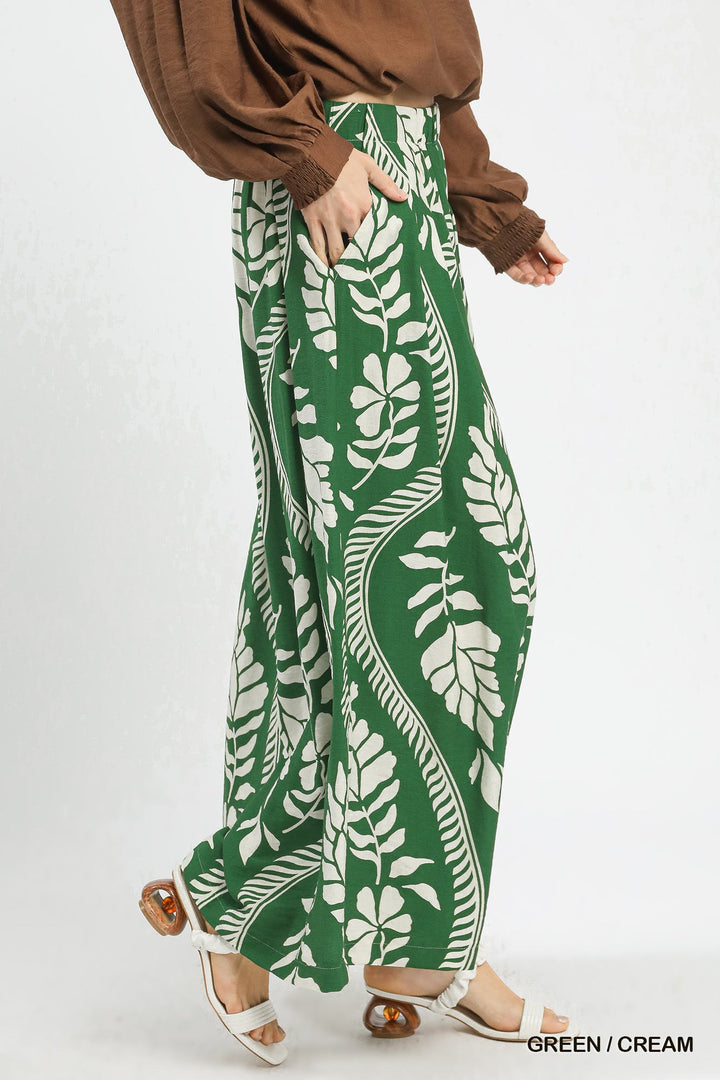 Tropical Leaf Print Wide Leg Pants