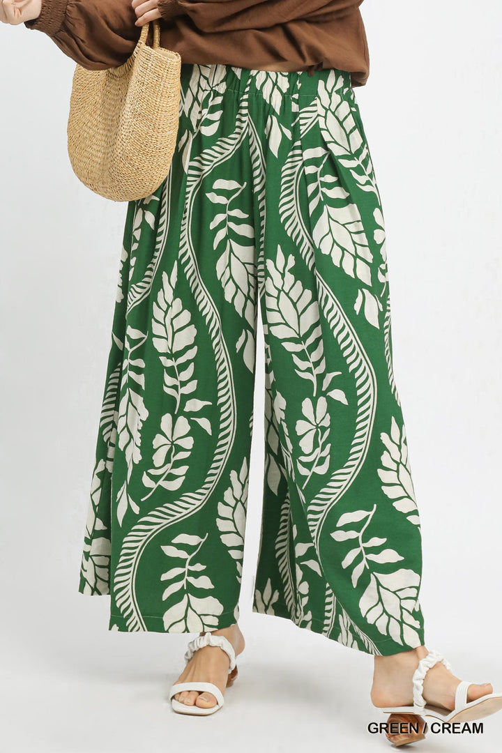 Tropical Leaf Print Wide Leg Pants