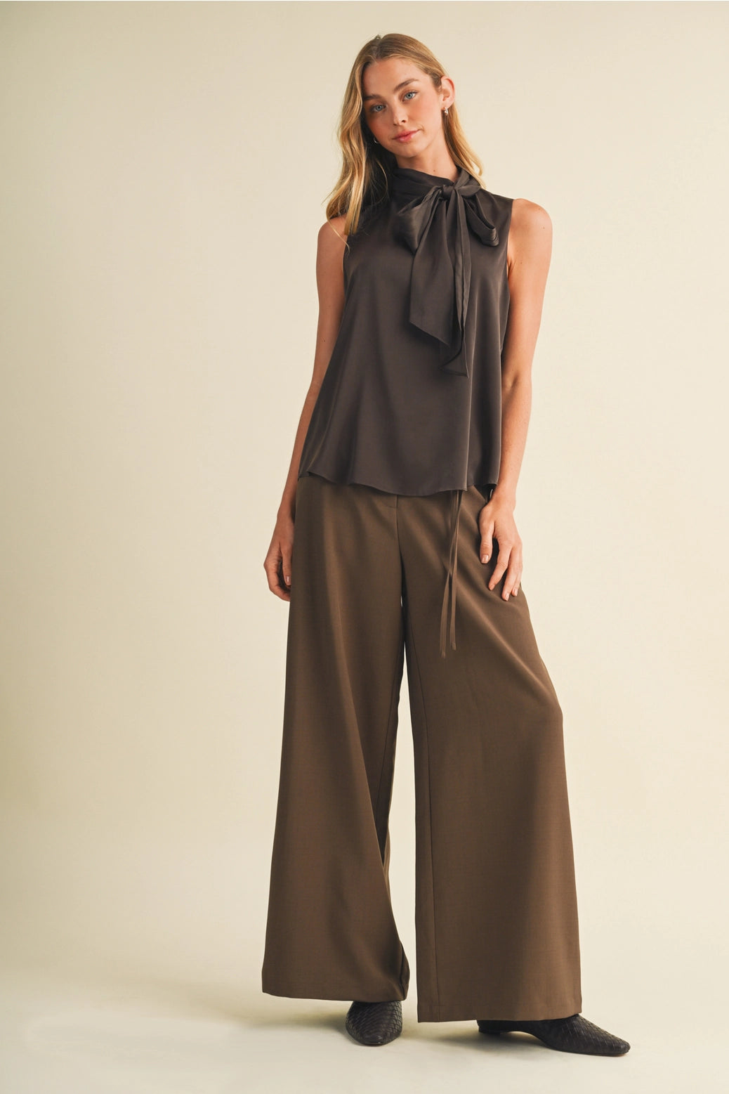 Satin Bow-Tie Mock-Neck Blouse
