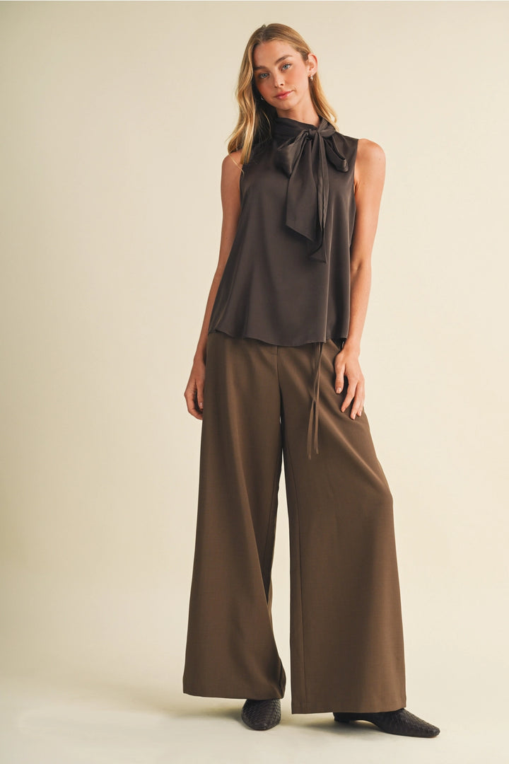 Satin Bow-Tie Mock-Neck Blouse