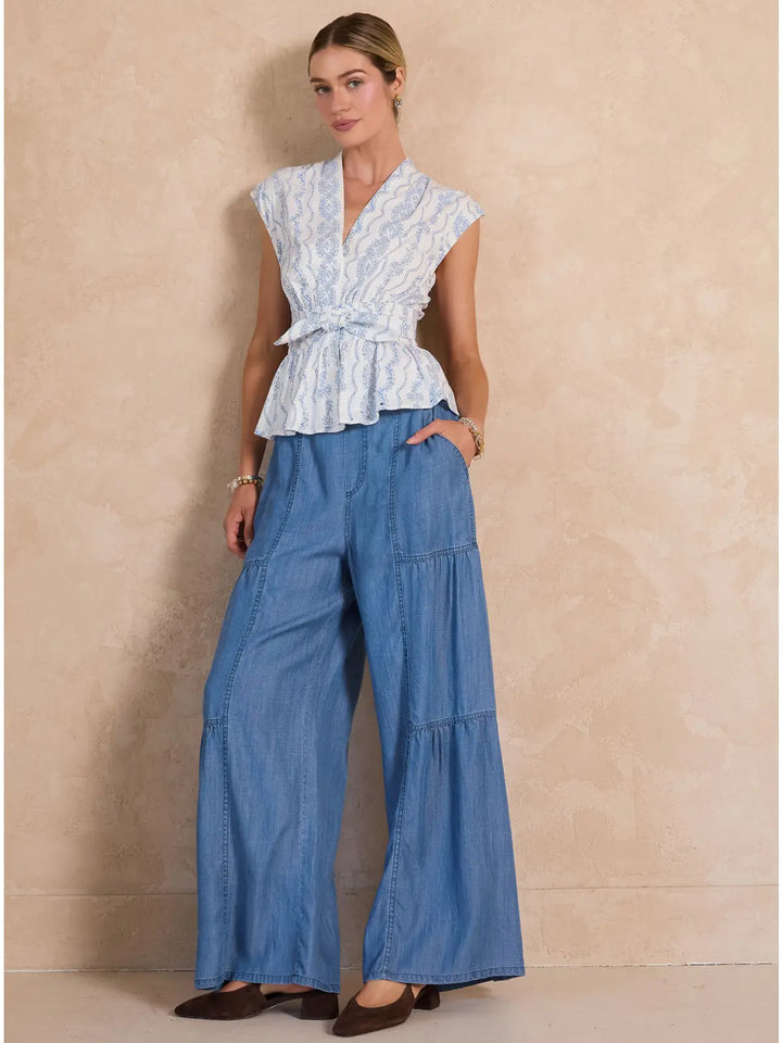 Tiered Chambray Wide Leg Pant