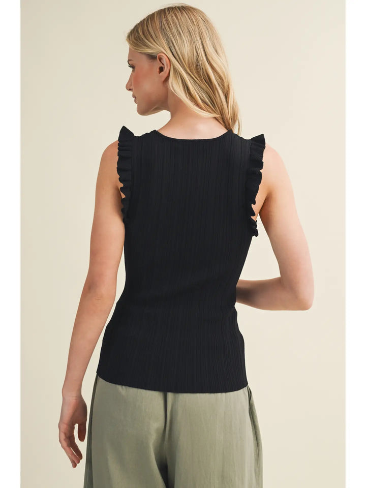 Plisse Shoulder Linear Ribbed Top