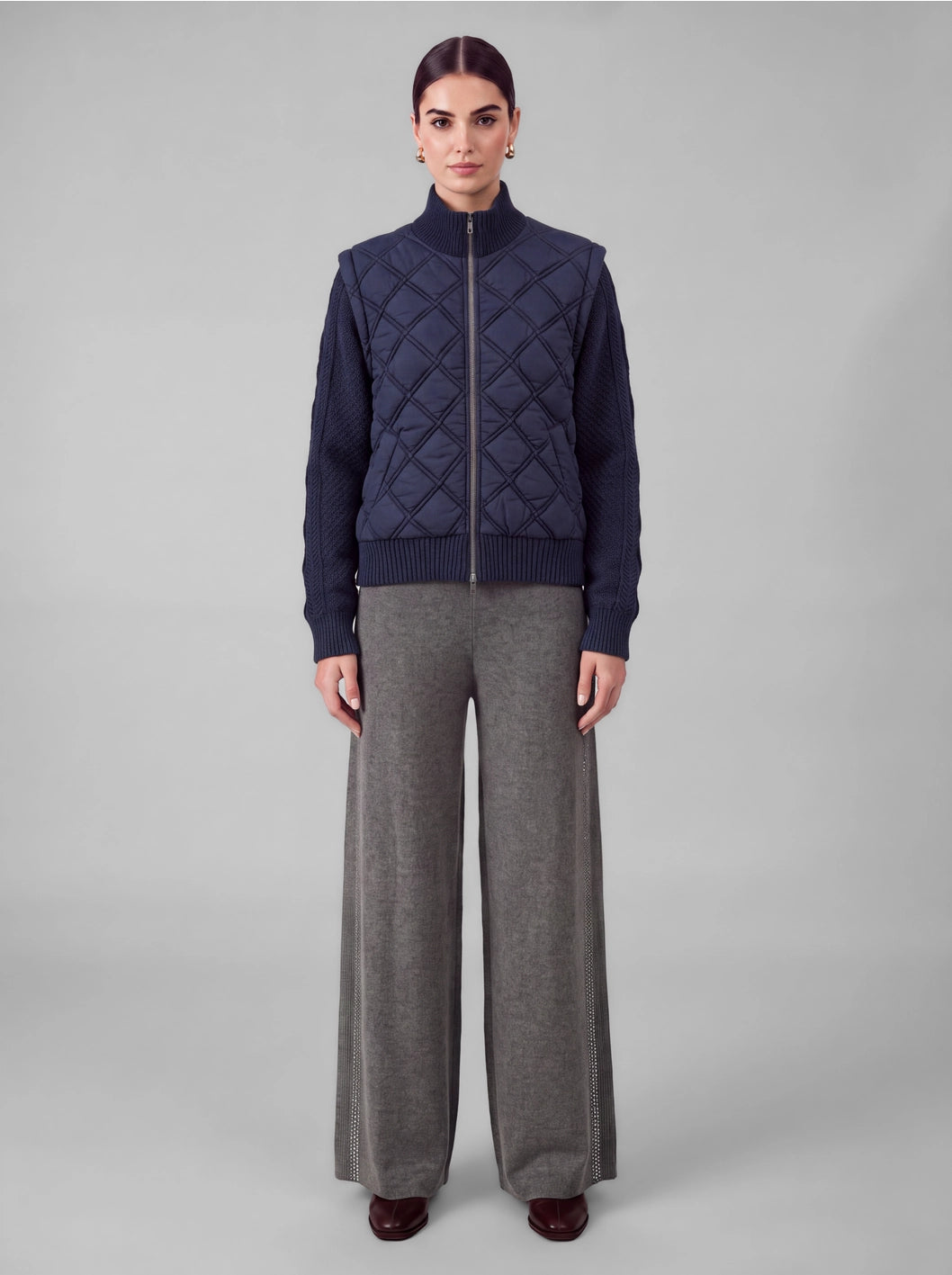Navy Quilted &amp; Cable Knit Zip-Up Jacket