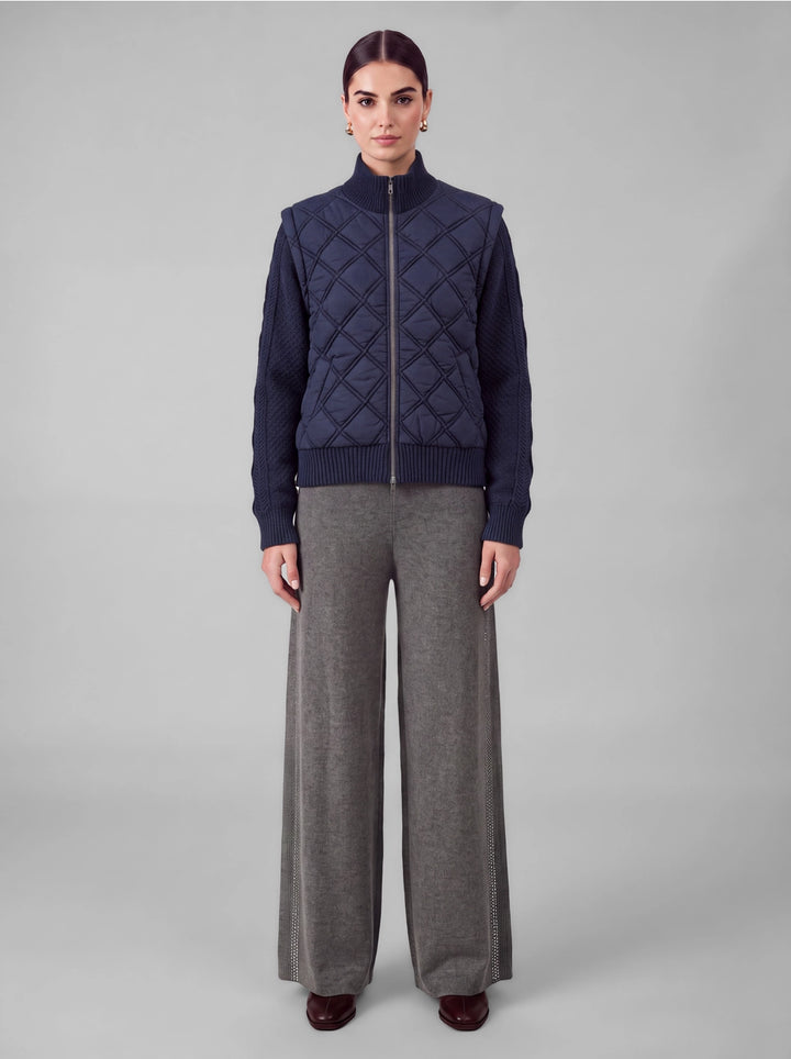 Navy Quilted &amp; Cable Knit Zip-Up Jacket