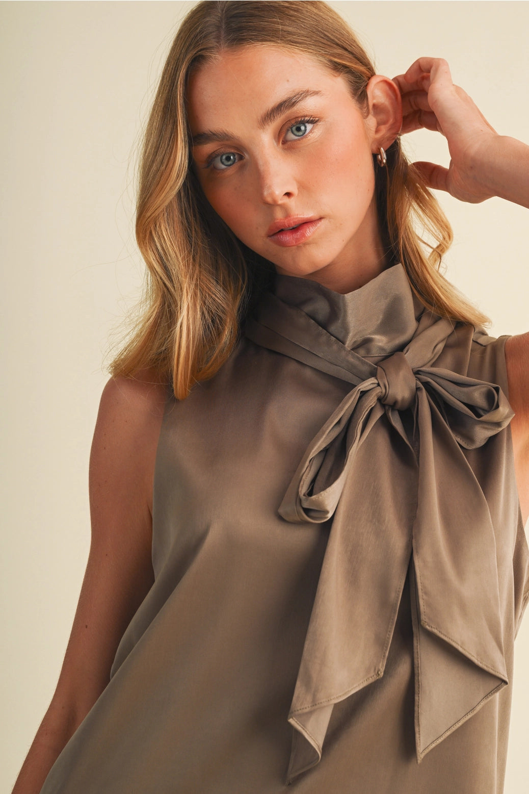 Satin Bow-Tie Mock-Neck Blouse