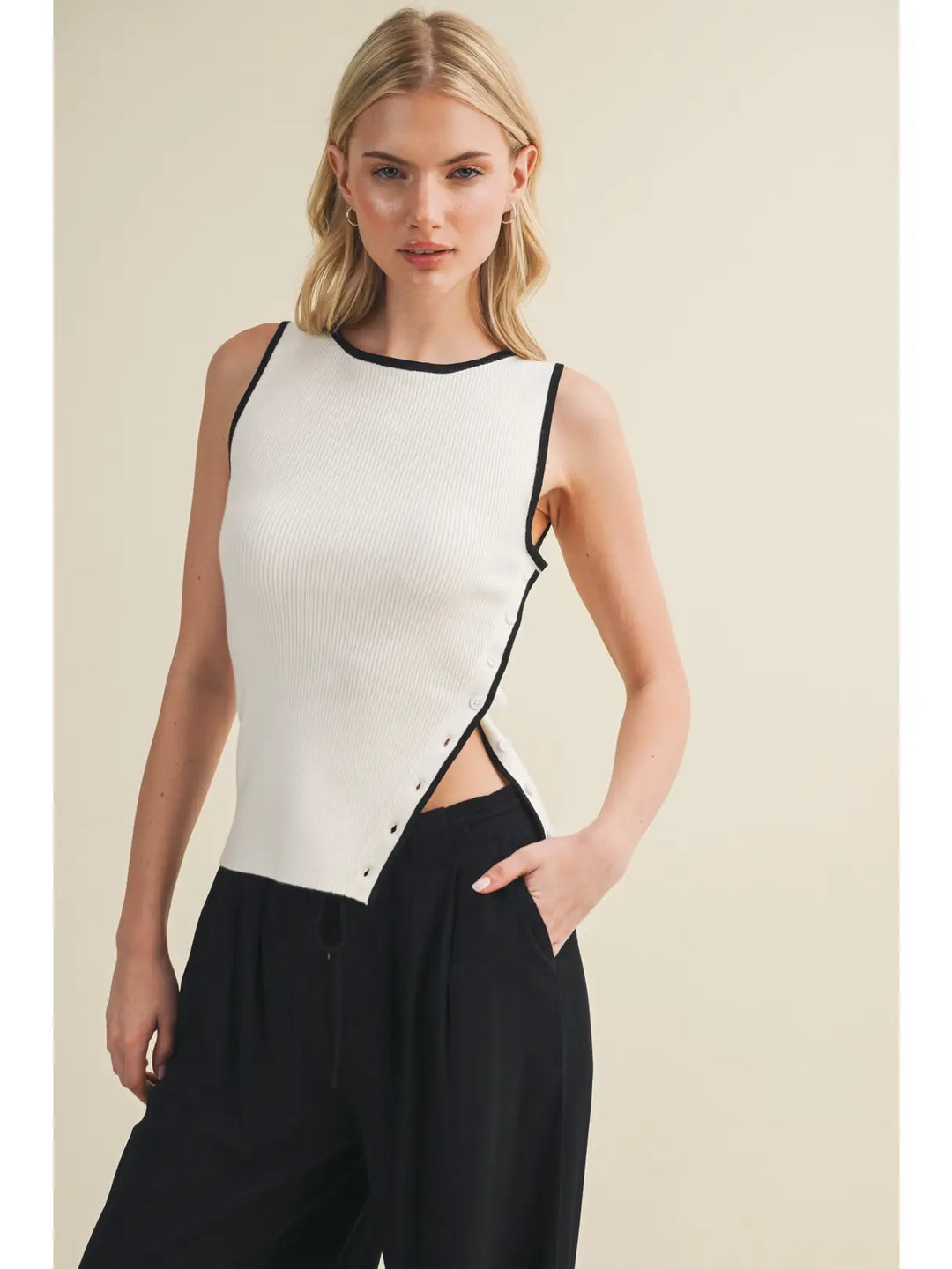 Asymmetric Button-Side Ribbed Knit Top