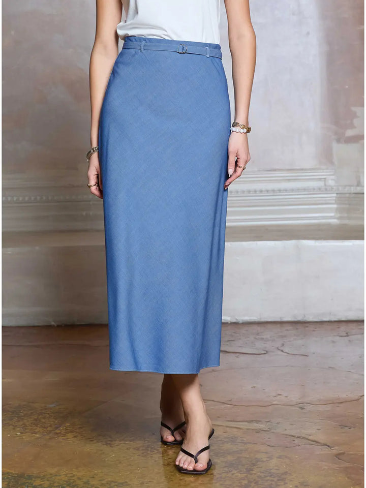 Chambray Belted Midi Skirt