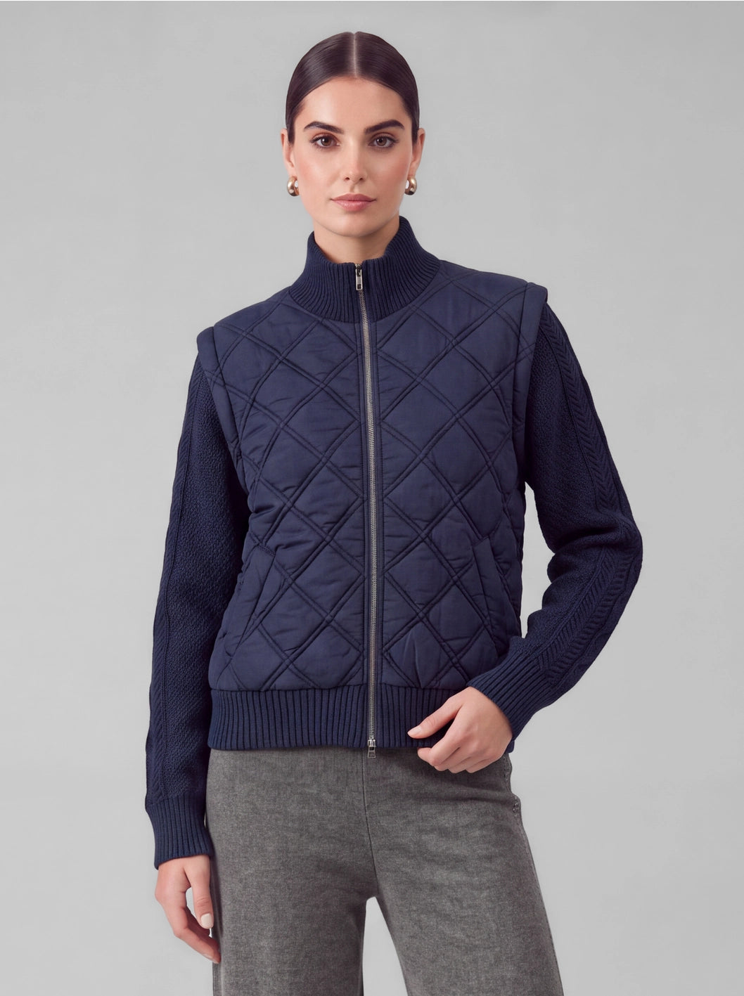 Navy Quilted &amp; Cable Knit Zip-Up Jacket