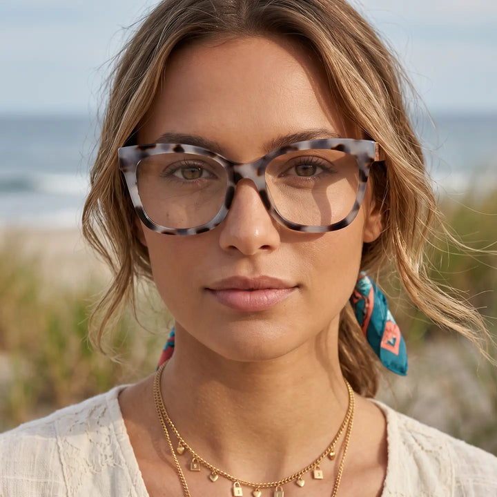 Nora- Milky Blue Tortoise / Walnut Wood / Blue Light