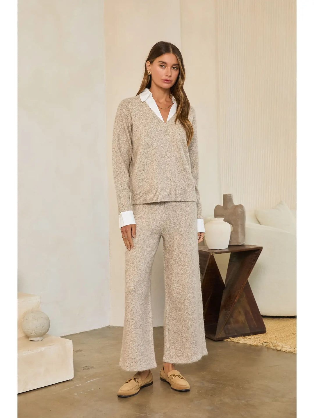 Marled V-Neck Layered Collar Knit Sweater