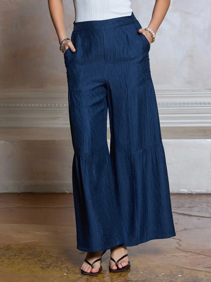 Textured Tiered Wide Leg Pants | Navy