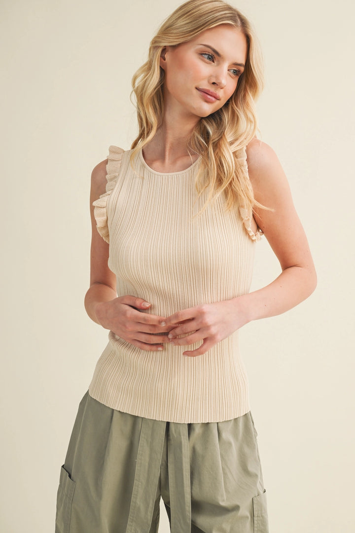 Plisse Shoulder Linear Ribbed Top
