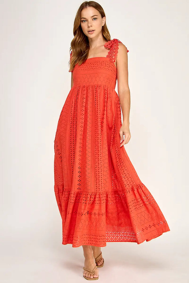 Tangerine Eyelet Midi Dress