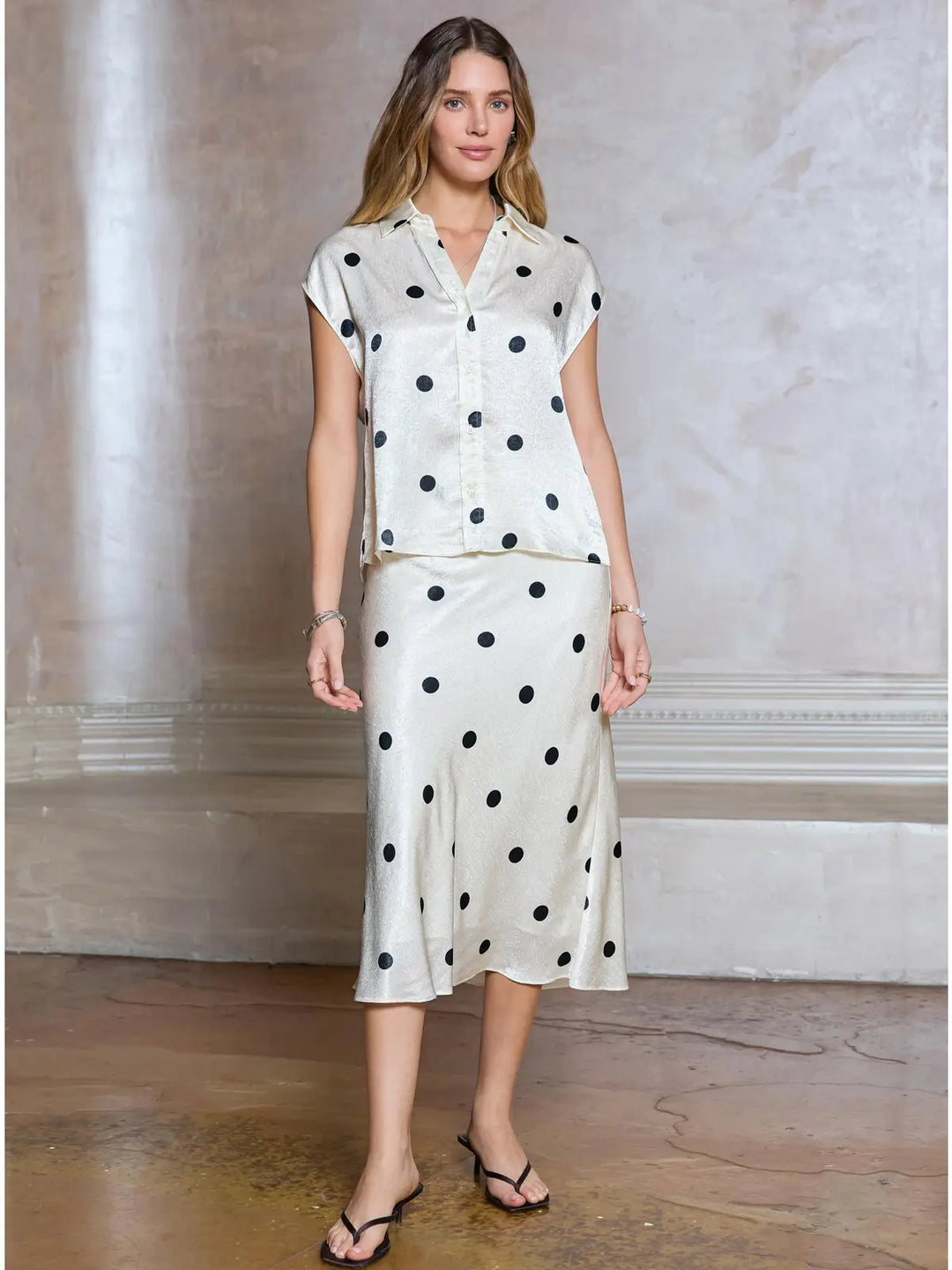 Polka Dot Cap Sleeve Button Down Shirt