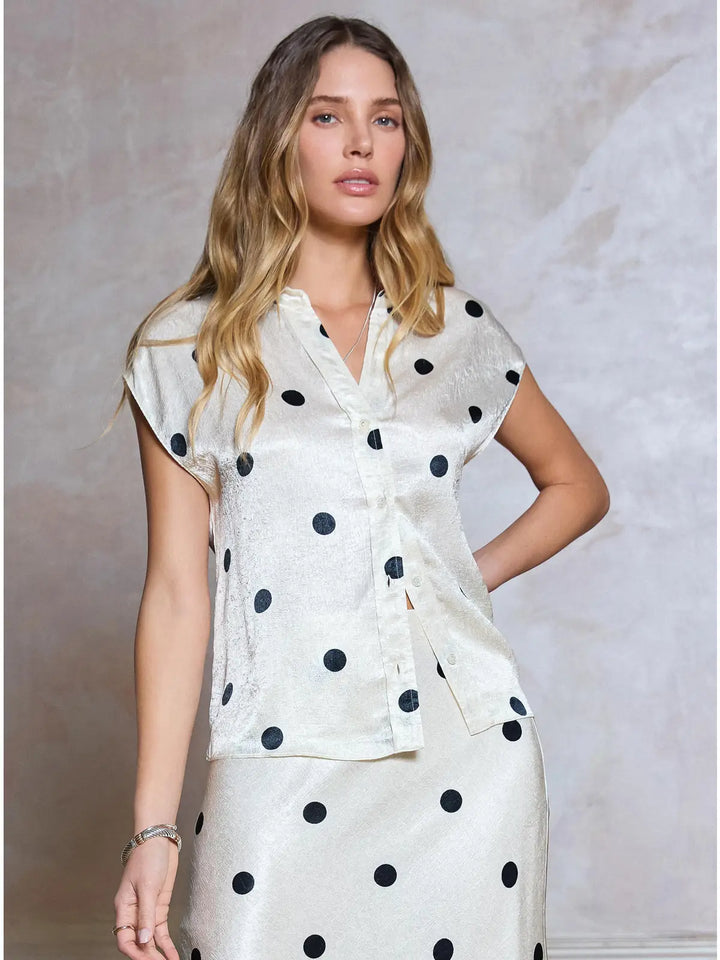 Polka Dot Cap Sleeve Button Down Shirt