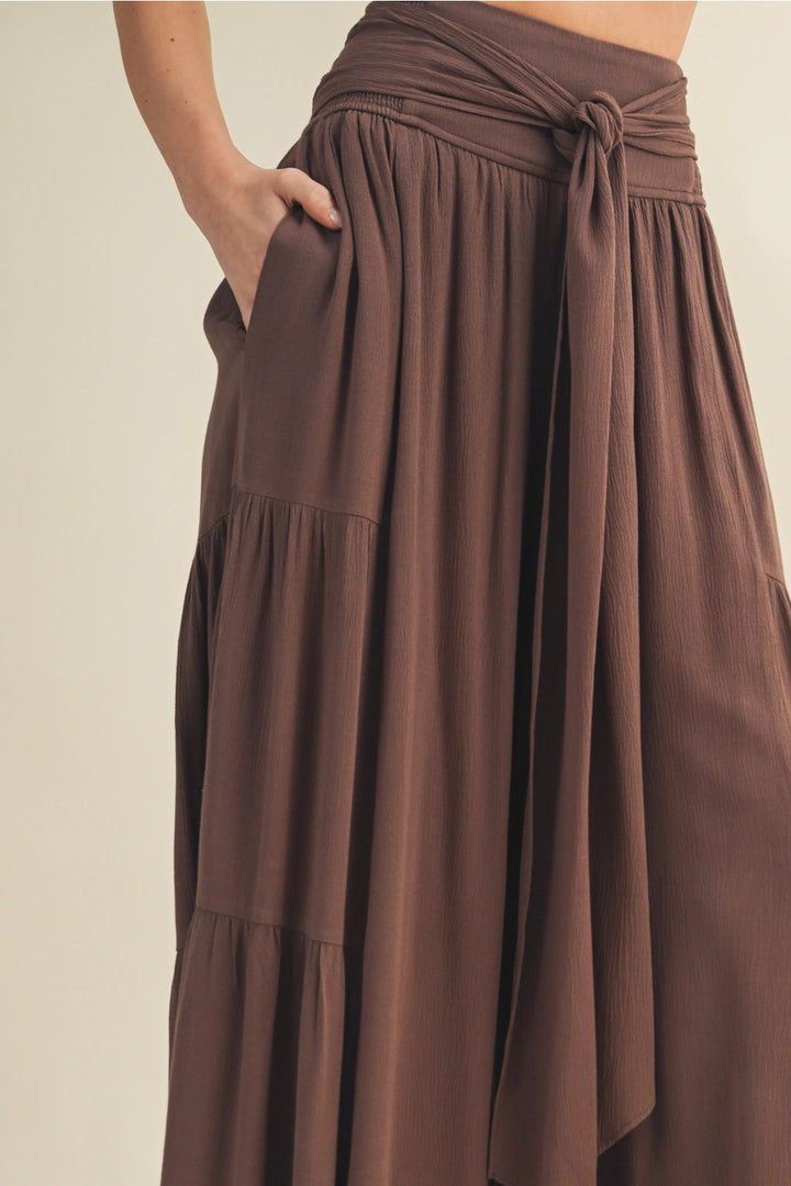 Smocked Tie-Waist Tiered Palazzo Pant