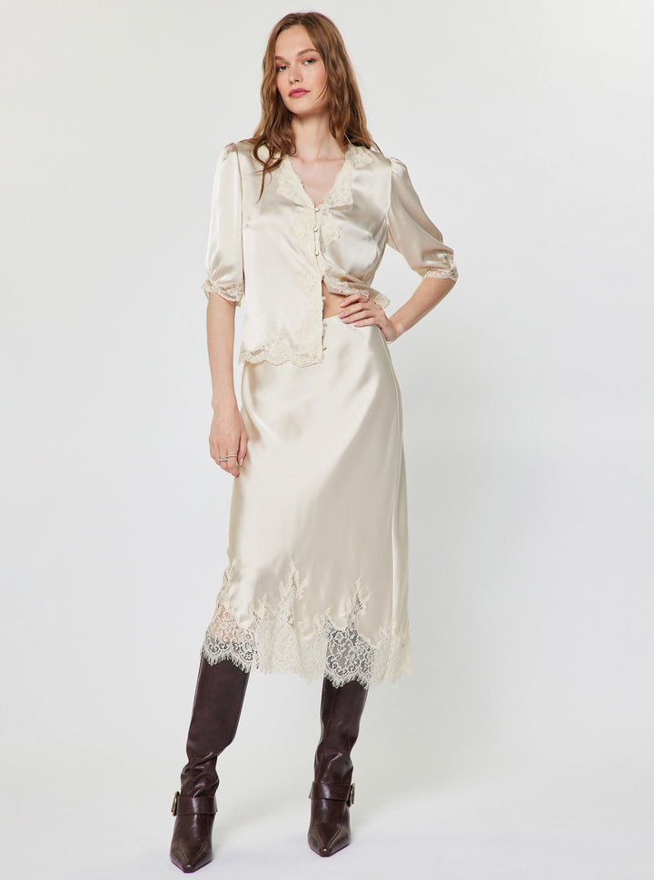 Lace Hem Satin Midi Skirt