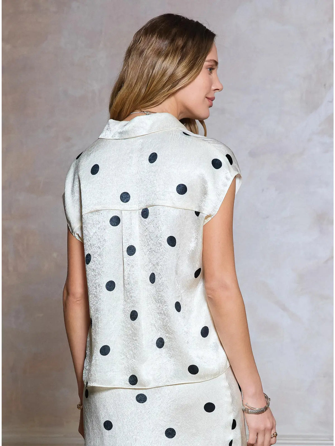 Polka Dot Cap Sleeve Button Down Shirt