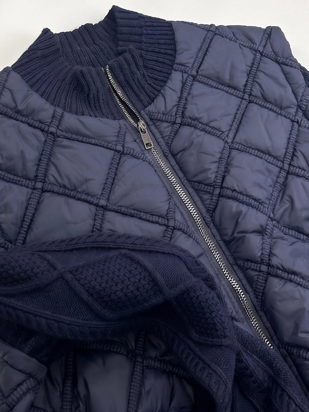 Navy Quilted &amp; Cable Knit Zip-Up Jacket